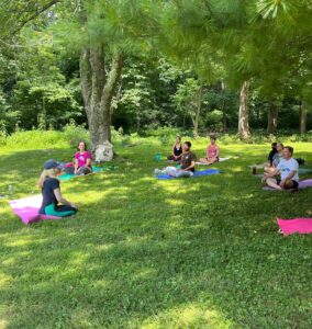 use for core offerings a group of 9 people meditating in shaded field
